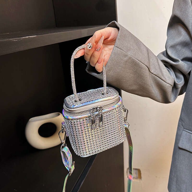 2024 New Fashion Trendy Shiny Diamond PU Handheld Bucket Textured Internet Celebrity Ins Single Shoulder Crossbody Bag