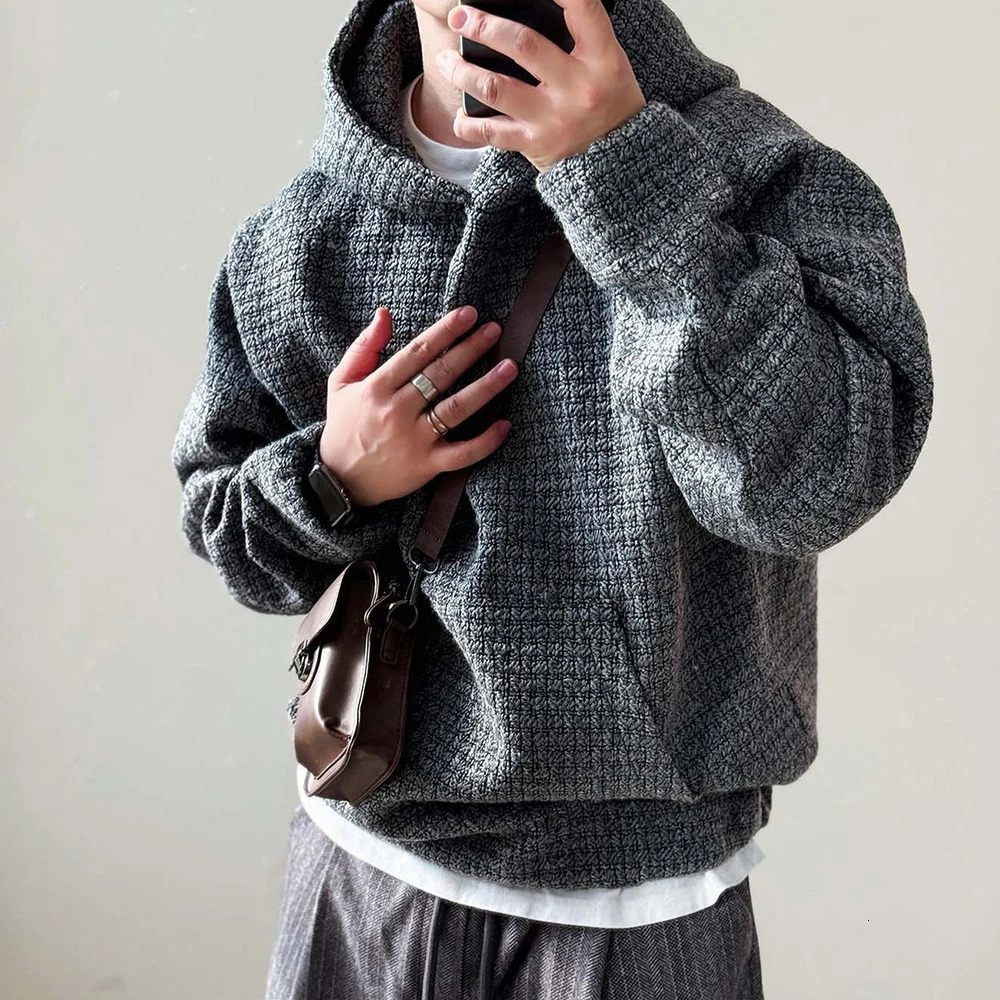 Mens Sweater Hooded Rough Weaving Sweater Streetwear Fashion Versatile Casual Versatile Male Campus Long-Sleeve Top MenS Wear 250606