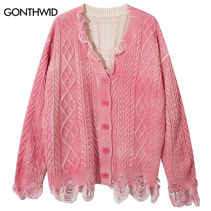 Vintage pull Cardigan Grunge Y2K tricoté trou déchiré solide pull Streetwear hommes Hip Hop coton Punk gothique surdimensionné pulls 250606