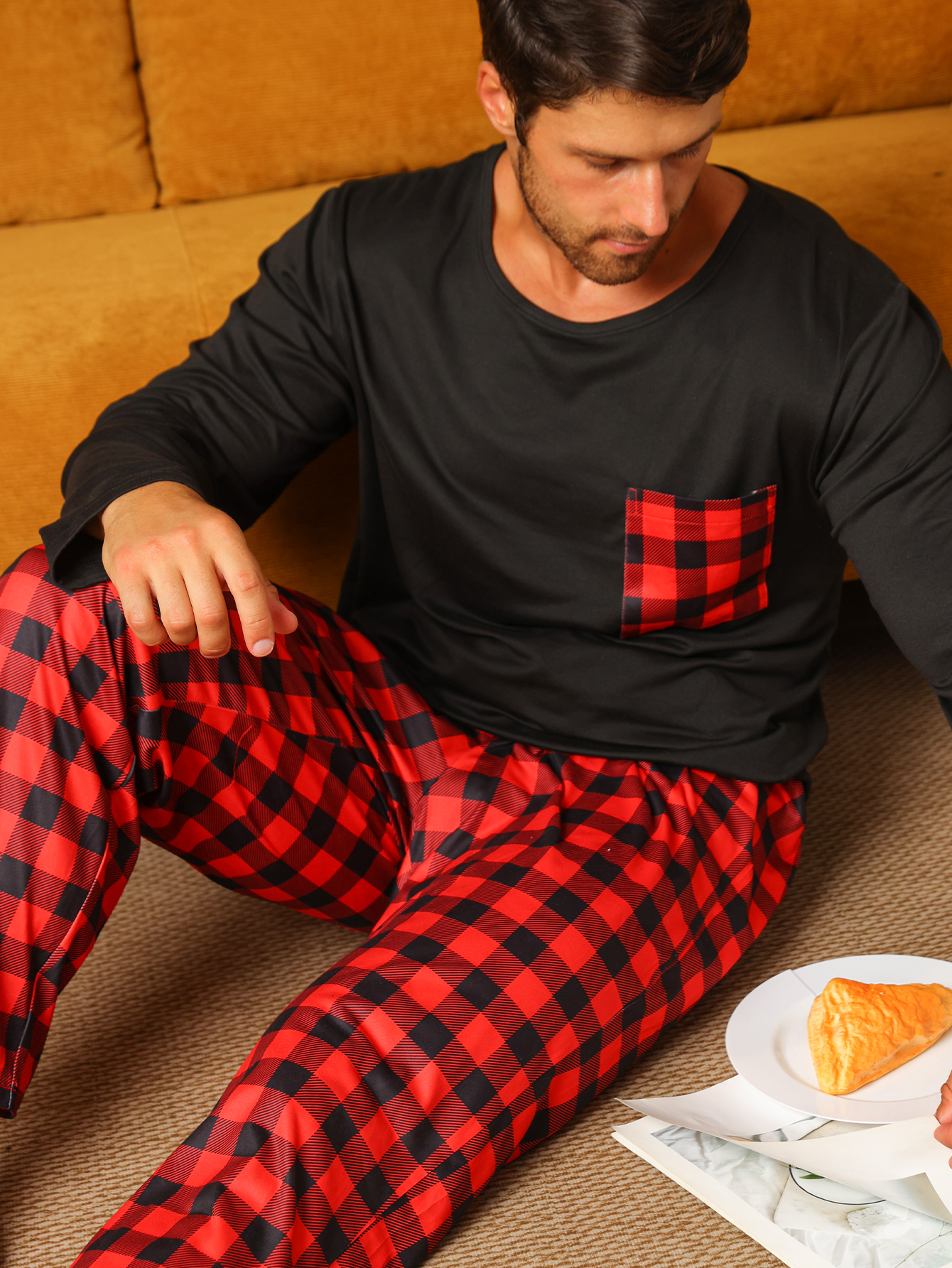Two piece sets men's pajamas autumn and winter long sleeved pants checkered sleepwear set