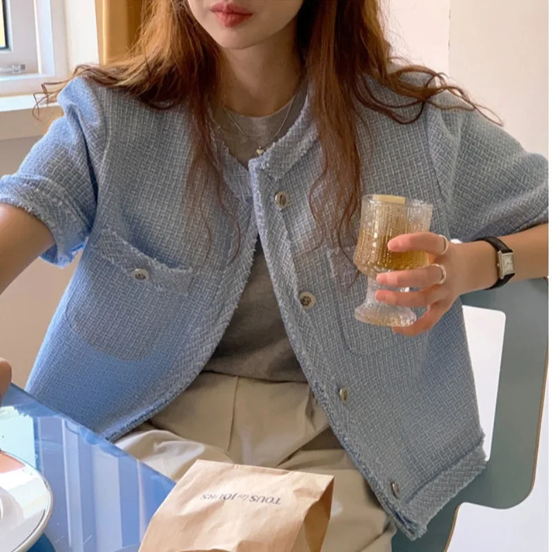 Womens Summer Retro Style Single Breasted Casual Woolen Short Cardigan Jacket Coats 250606