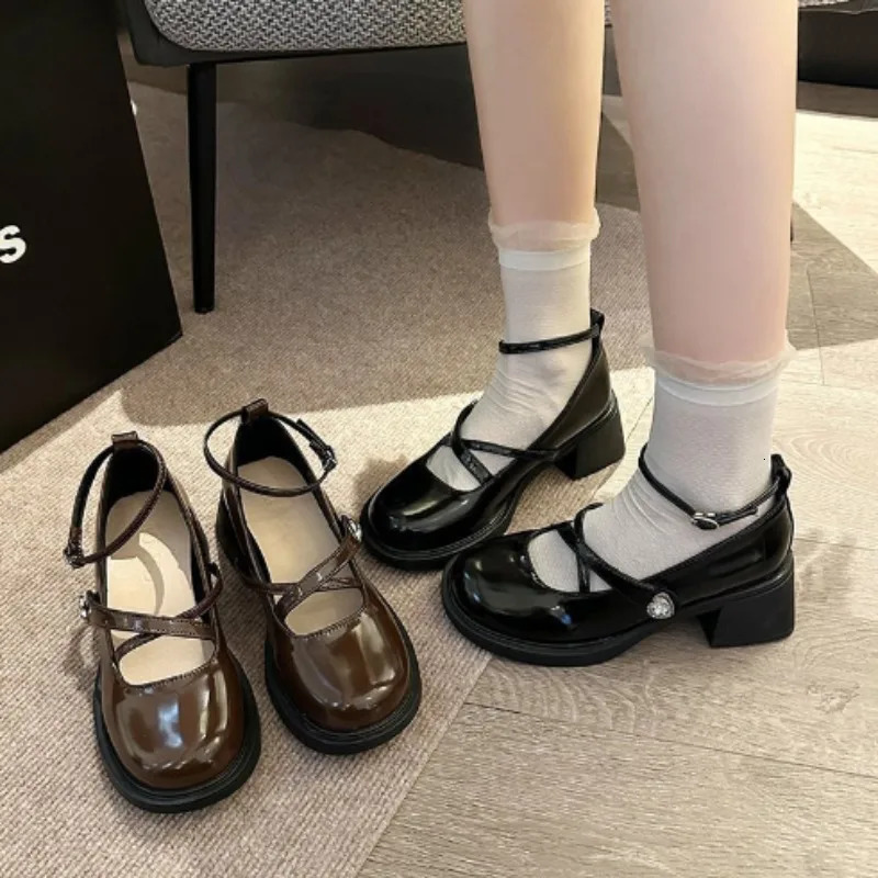 Femmes Loafers rétro marron mary chaussures Jane Femmes Pu Le cuir talons épais