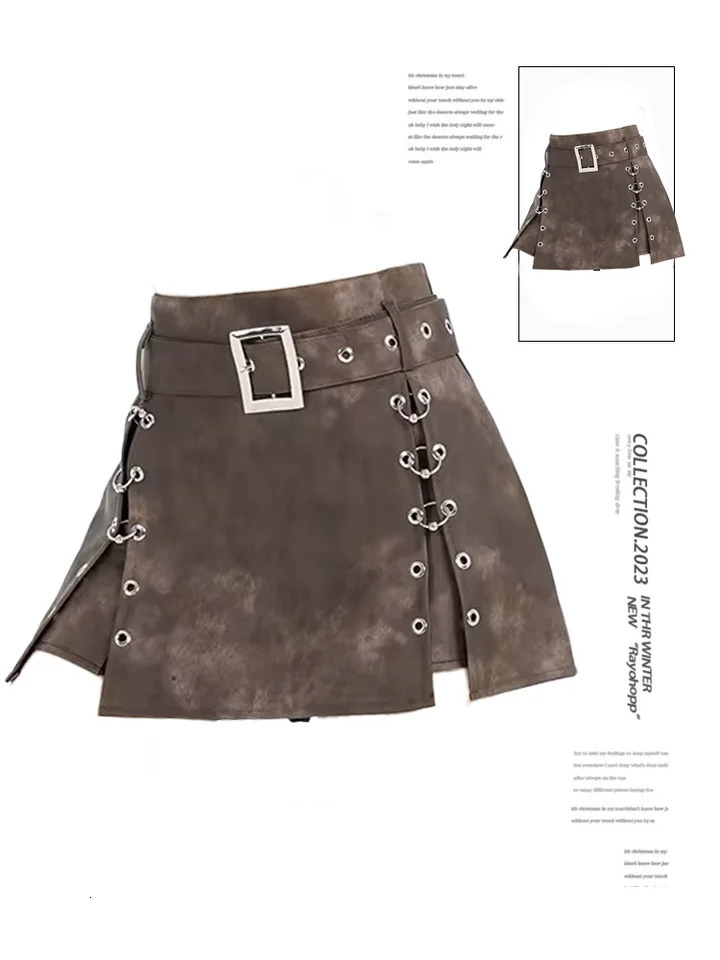 Womens Brown A-line Skirt 90s Aesthetic Y2k Punk Mini Skirt Harajuku Korean Tie-Dyed Skirts 2000s Vintage Clothes Summer 250609