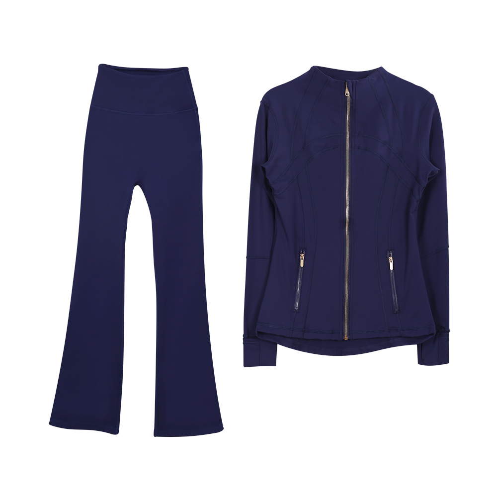 Womens Yoga Set Bell-bottoms Womens Slim Fit Breathable Sport Jacket Zip Up Round Neck Coat Solid Color Summer Sport Fitness Clothing Size S-3XL