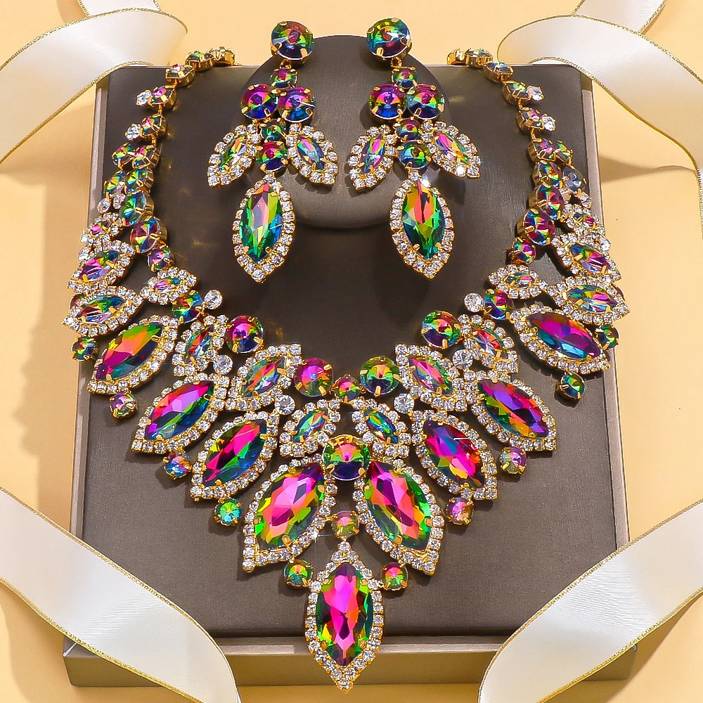 Boucles d'oreilles de collier à feuilles exagérées ensembles de mariée pour femmes cadeaux colorés et bijoux africain ensemble costume de mariage