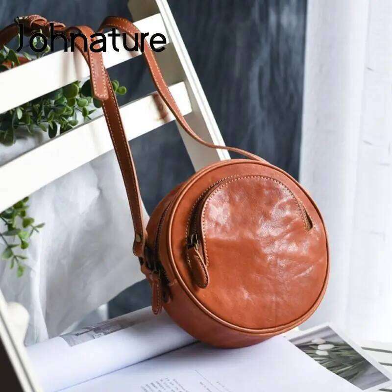 Hot Selling Johnature Retro Handmade Genuine Leather Round Bag Women New Natural Real Cowhide Simple Shoulder & Crossbody Bags Designer Bags