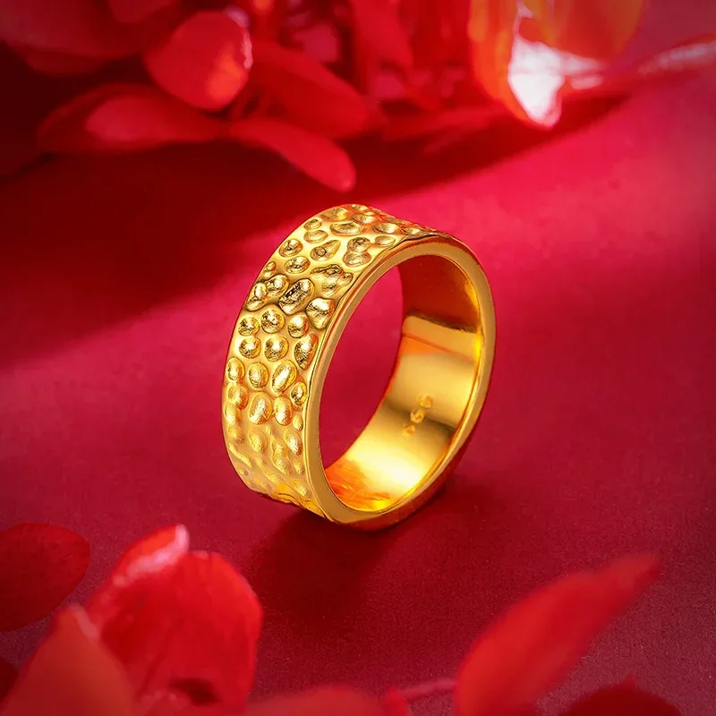 Men and Women Couple's Personalized Style 9999 24K Real Gold Handmade Hammer Pattern Ring Plain Rings for Lovers Gift Wedding