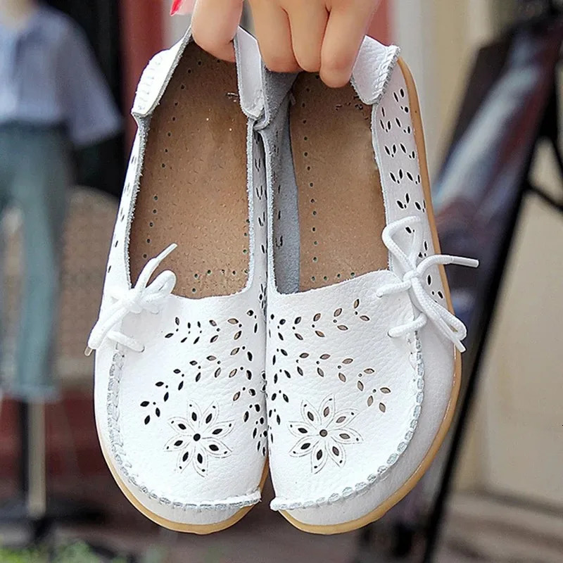 Genuine Leather Women Flats Fashion Casual Women Shoes Hollow Womens Shoes Slip On Flat Shoes Ballerina Plus Size Zapatos Mujer 250603