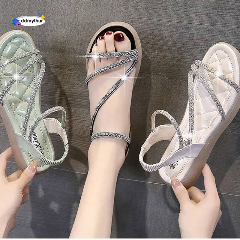 Flat-heeled Sandal Woman Rhinestone Sandals for Women Summer New 2024 Without Heel Elegant Roman Orthopedic Fashion Comfortable ddmythur
