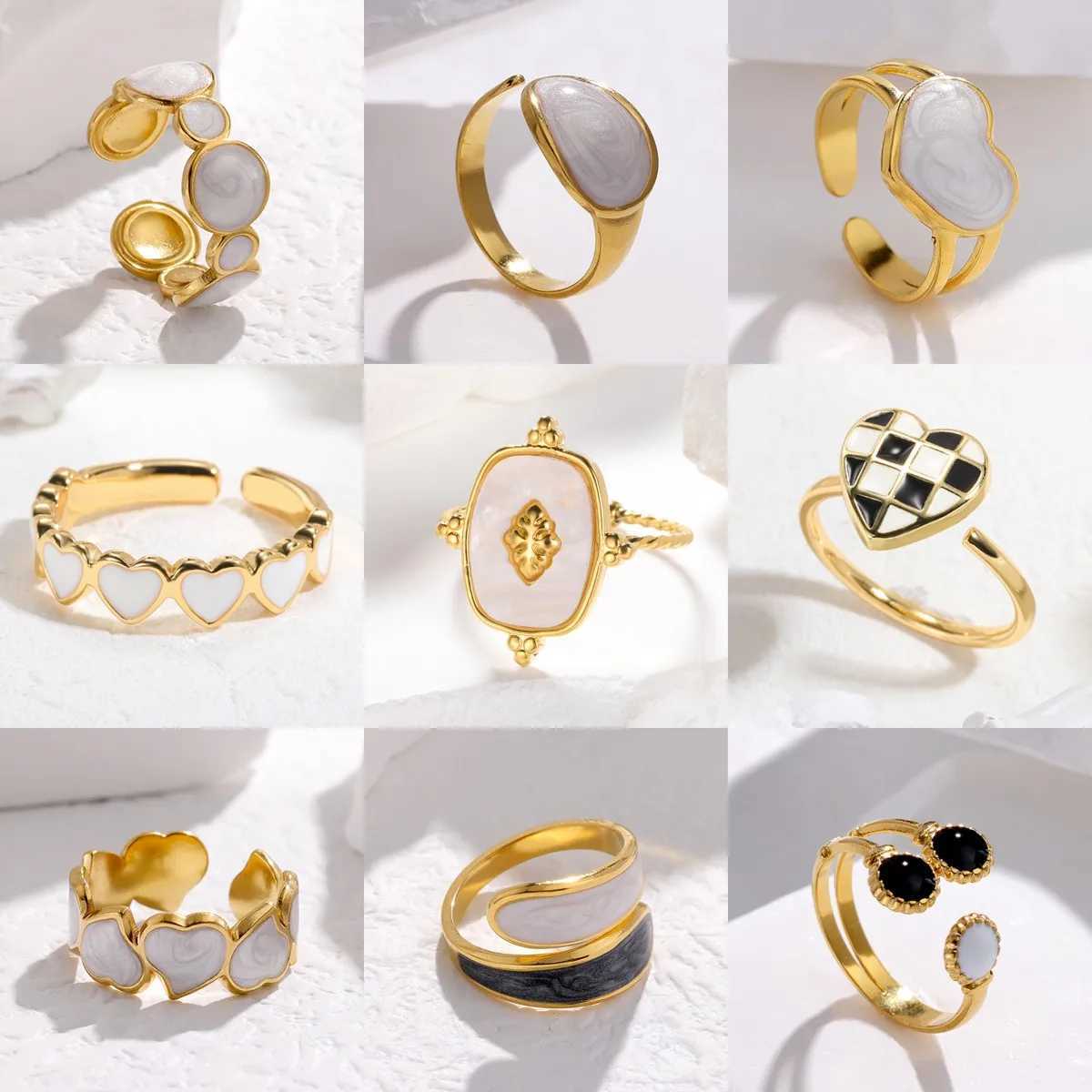 18K Gold Color Square Acrylic White Ring For Women Fashion Natural Stone Crackle Jewelry Open-end Stainless Steel Rings Gift New W250609 W250609
