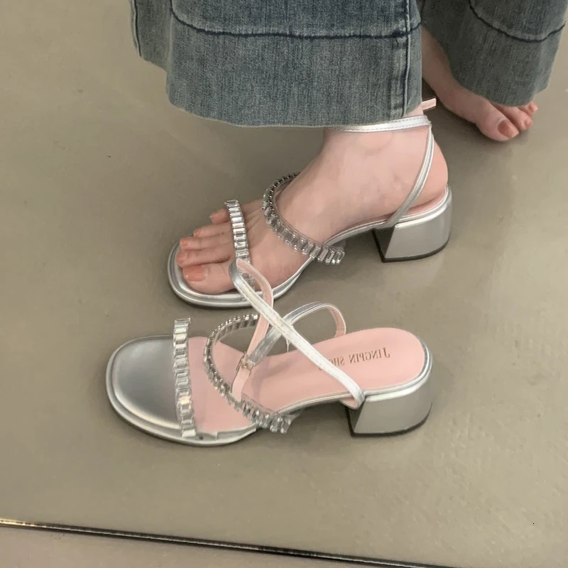 Womens Summer Gladiator Sandals Fashionable Crystal Narrow Band Footwear Ladies Thick Heel Sandalias 250606