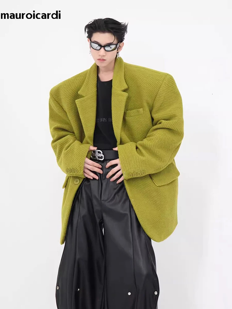 Mauroicardi Spring Autumn Oversized Casual Stylish Black Woolen Blazers for Men Shoulder Pads Long Sleeve Loose Korean Fashion 250606