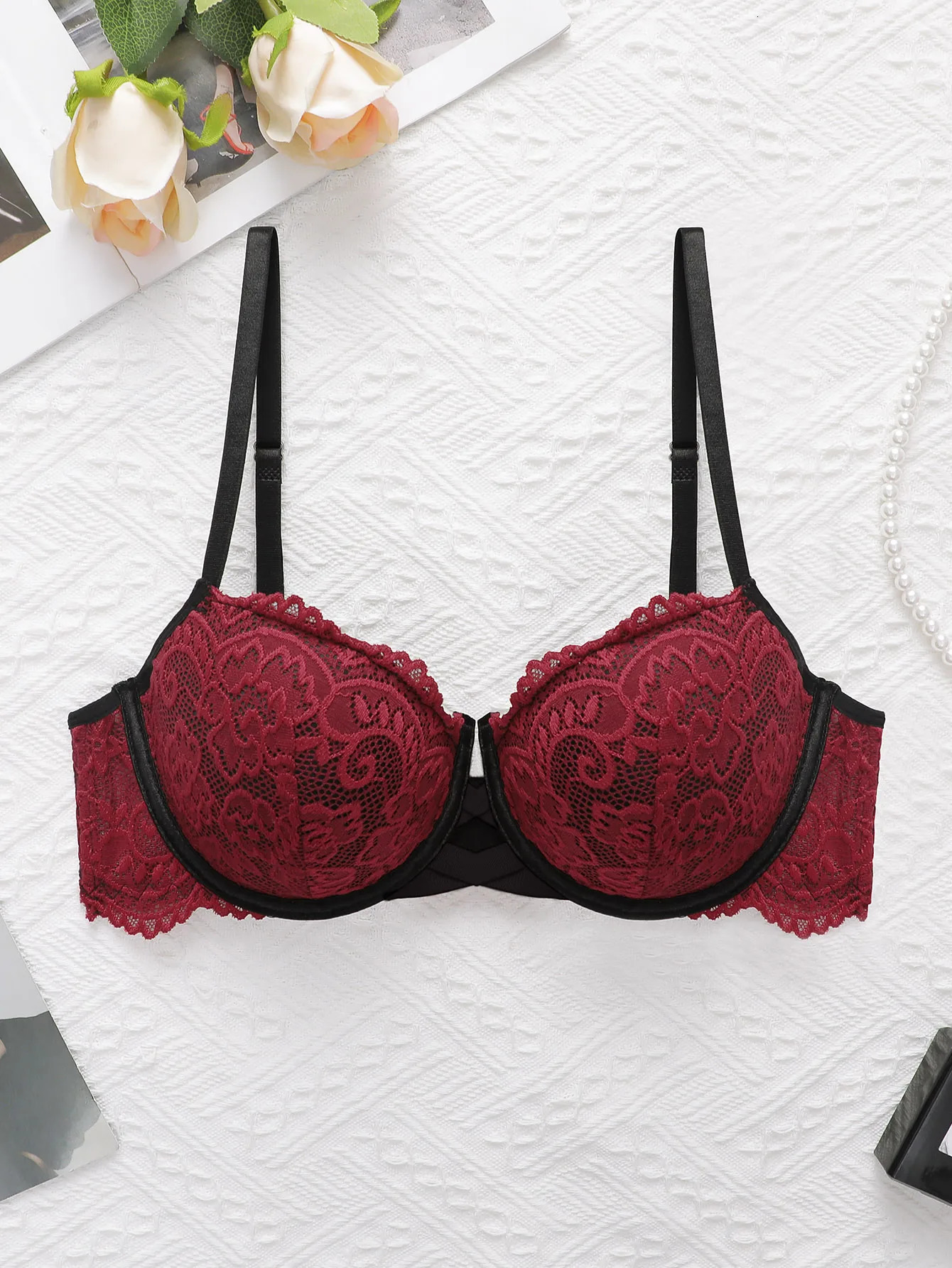 Girls cross hollow steel ring bra red lace womens sexy underwear spring and summer products J2485 250606