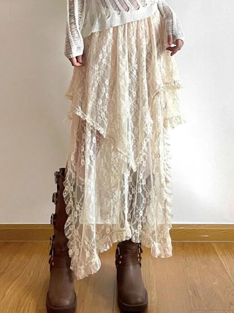Jupes en dentelle asymétrique Femmes Vêtements d'été Soft 2000 Vintage Vintage Streetwear Y2K Trendy Boho Style Loose Ladies Party 250609