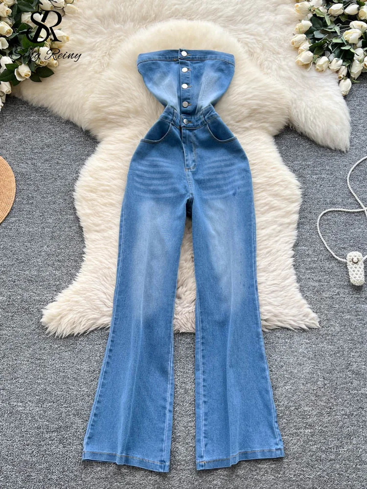 SINGREINY Chic Strapless Denim Jumpsuits Buttons Pockets Elastic Slim High Quality Streetwear Casual Long Playsuits 250606