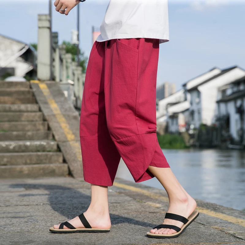 M-5XL Summer 100% Cotton Loose Cropped Pants Solid Color Casual Elastic Waist Curved Leg Japanese Pants 250606