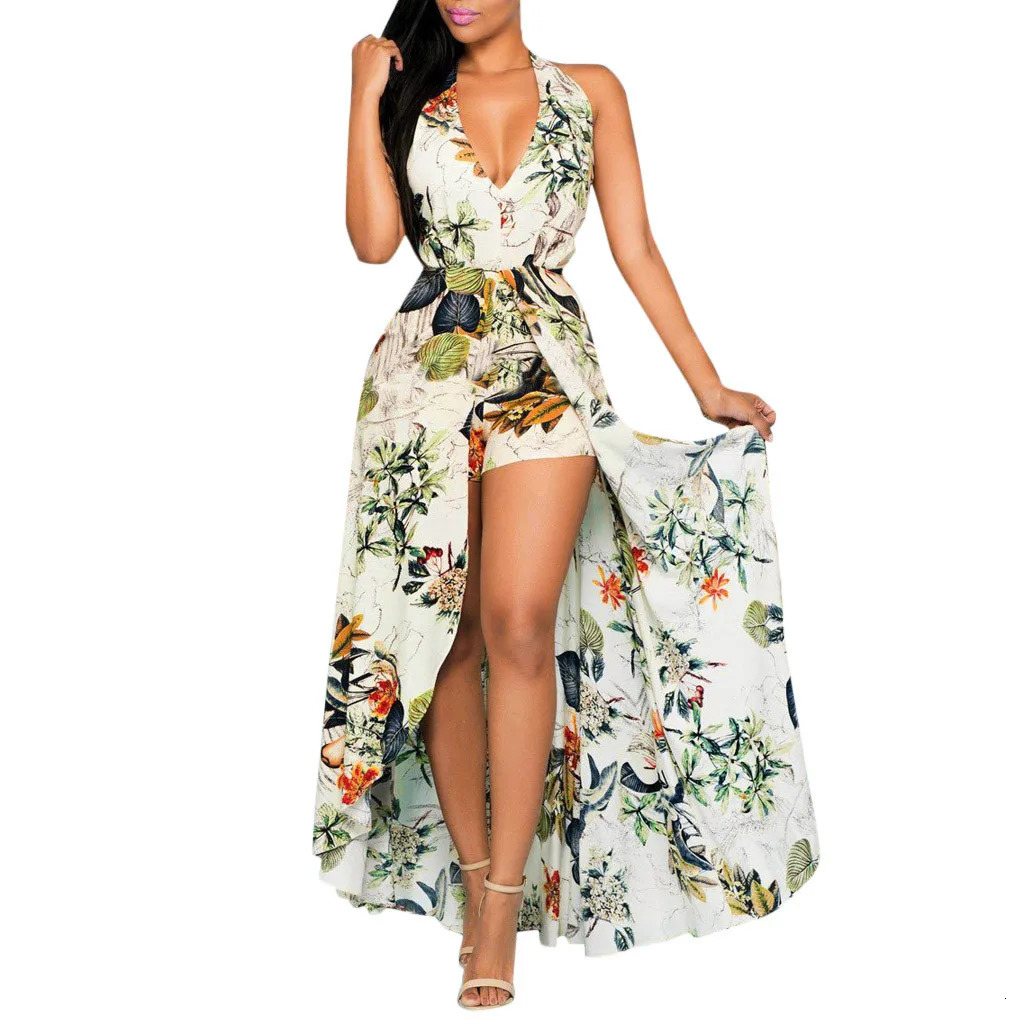 Robes d'été des femmes au large de la fleur de fleur de la plage grande robe swing une ligne de profondeur V Neck Bohemian longues robes pour fem