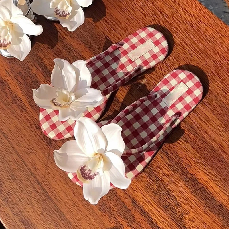 Holiday Style Sandals Summer Plaid Butterfly Orchid Shoe Buckle Beach Travel Sweet Temperament Versatile Casual Slippers 250606