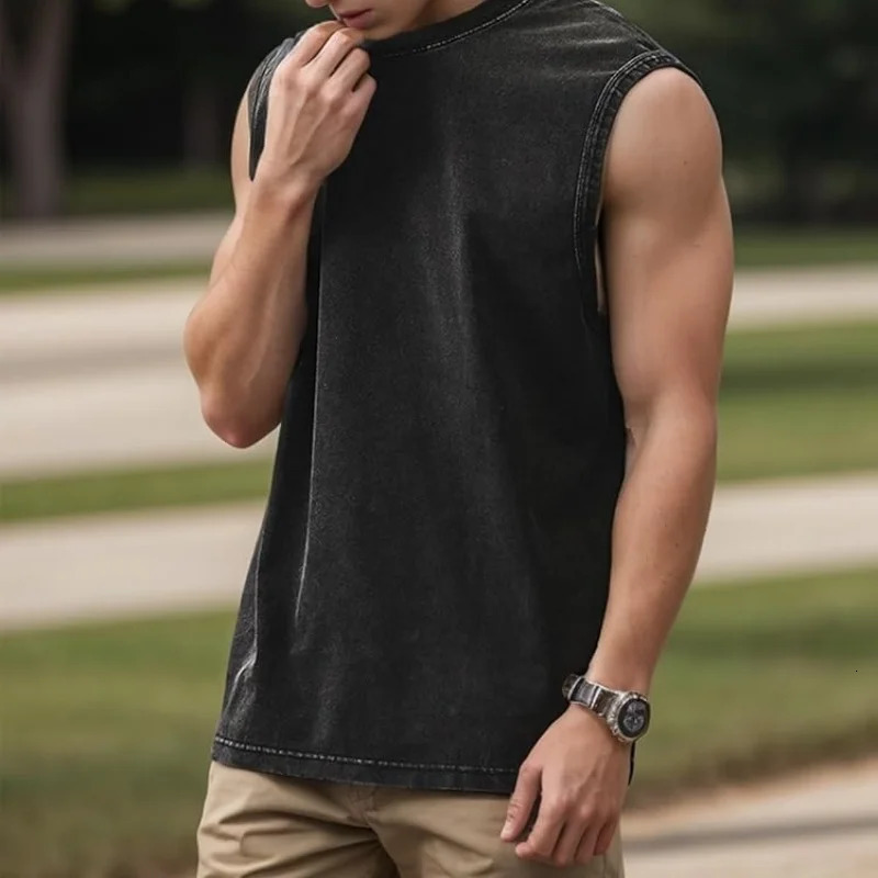 Summer Mens Washed Cotton Tank Tops Muscle Gym Sleeveless Workout T Shirts Vintage Beach Loose Cutoff Tees 250606