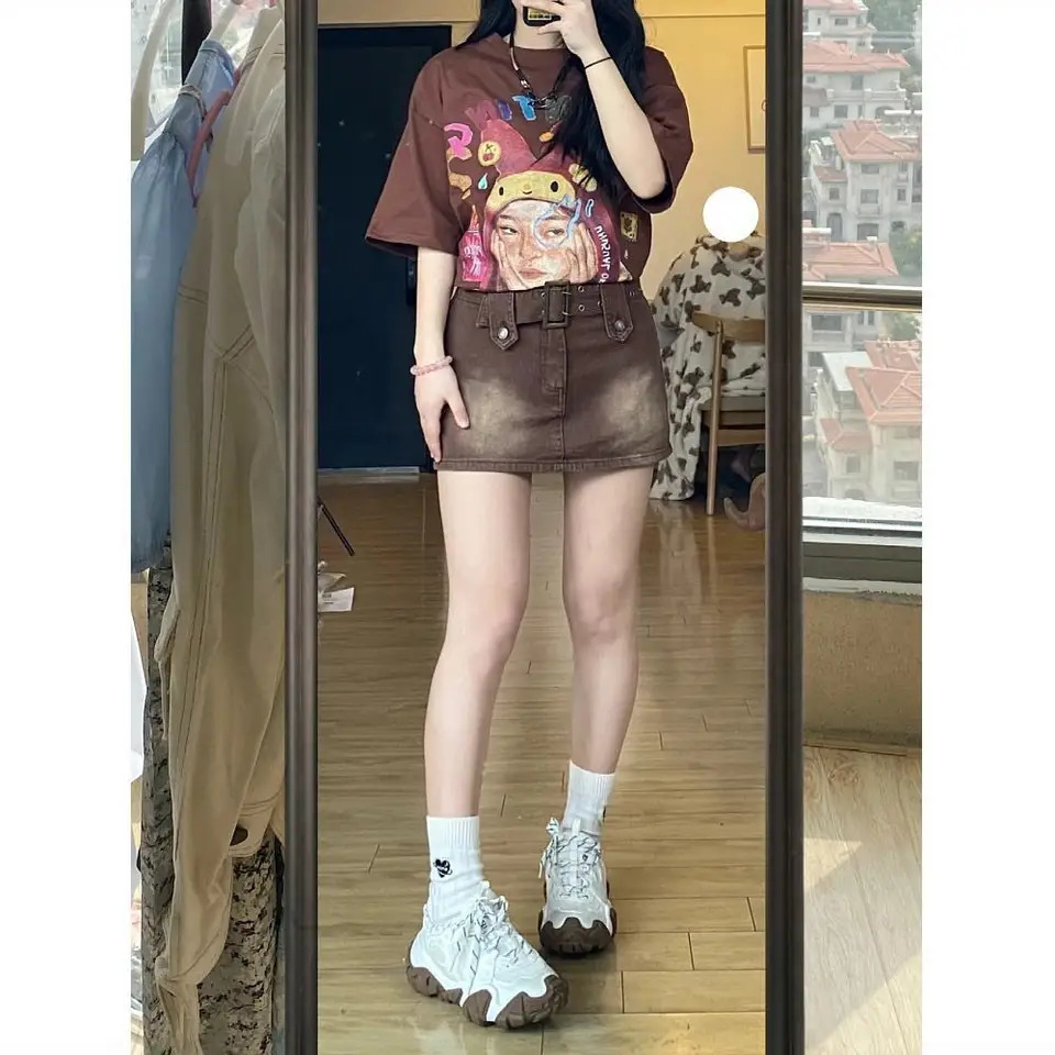 Brown Denim Short Skirt Womens Summer High Waist Retro Hip Wrap A Word Skirt 250609