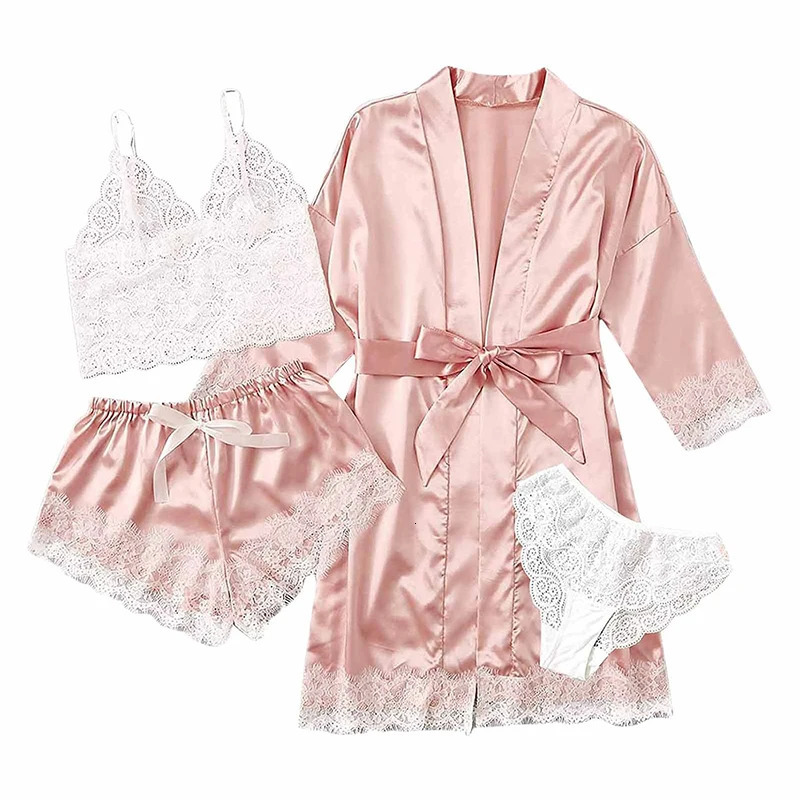 Pantalon de pyjama sexy d'été pour femmes ensemble 4 pièces en dentelle en satin avec robe de sommeil en soie et vêtements de nuit confortables 2