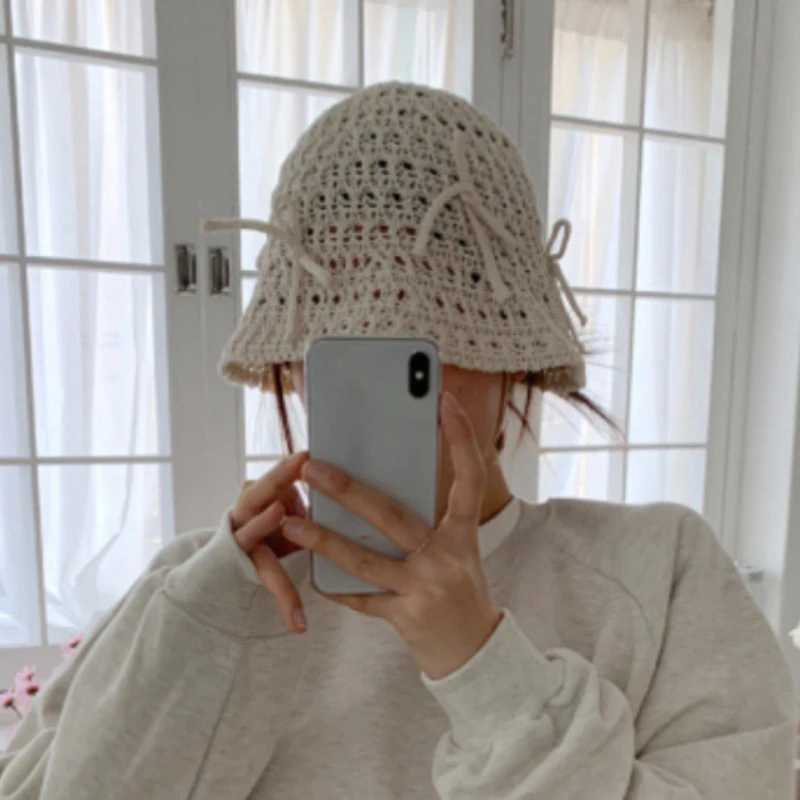 Korean Ins New Cute Bow Hollow Knitted Womens Caps Spring and Summer Sunshade Versatile Show Face Small Sweet Bucket Hat W250609