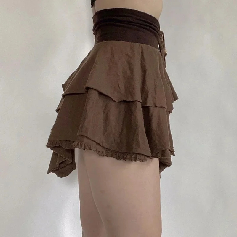 Summer 2025 Brown Ruffle Skirt Womens Ruffle Vintage Harajuku Mini Skirt Korean Fashion Cute Street Wear 250609