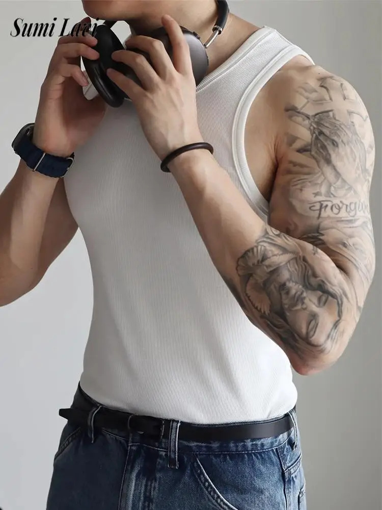 Vintage Sleeveless O Neck Knit Camisoles Mens Summer Fashion Slim Stretch Ribbed Vest Men Sports Sleeveless Tank Tops 250606