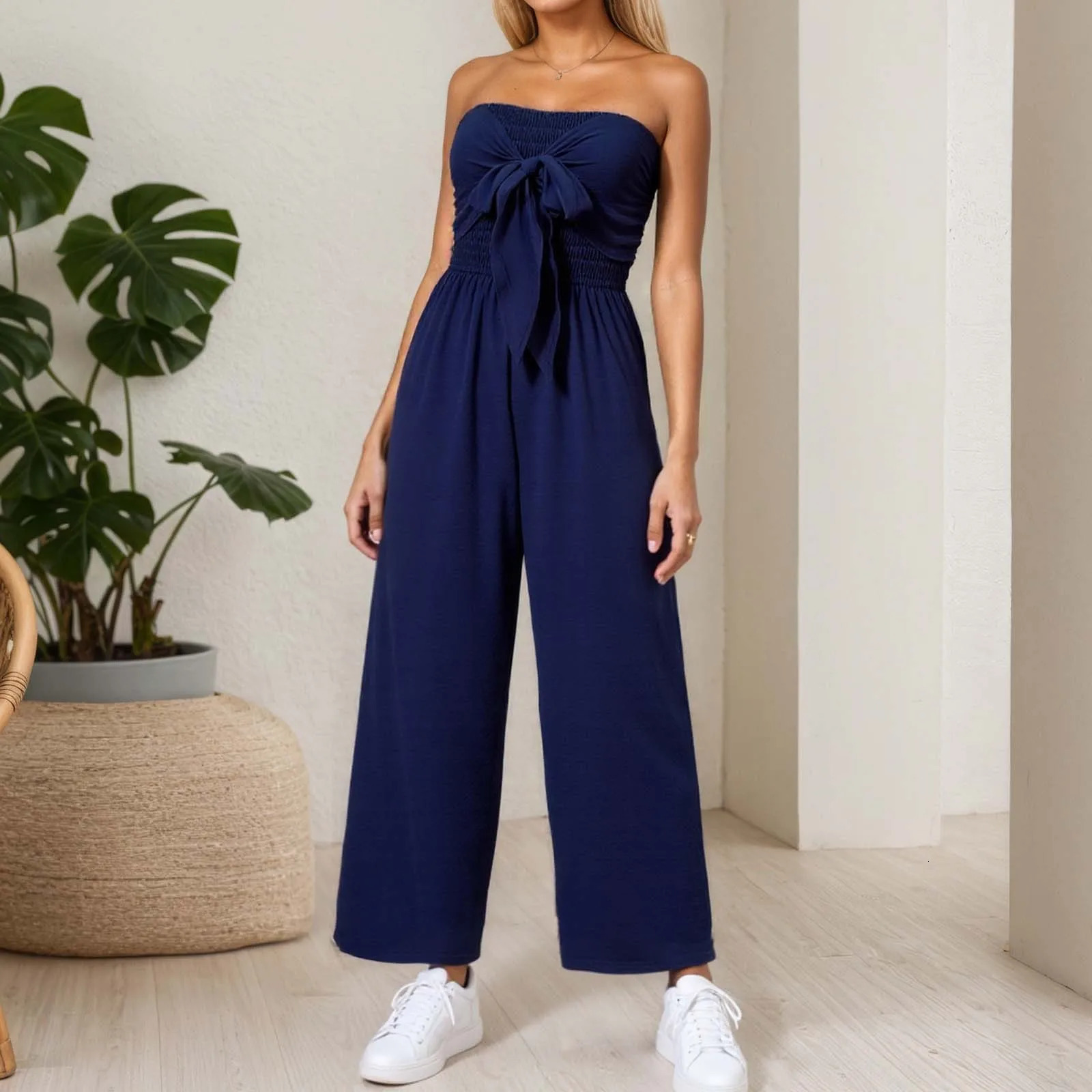 Summer Womens Sexy Strapless Bow Sleeveless High Waisted Lace Up Wide Leg Pants Blue With Drawstring Splicing Casual Jumpsuit 250606