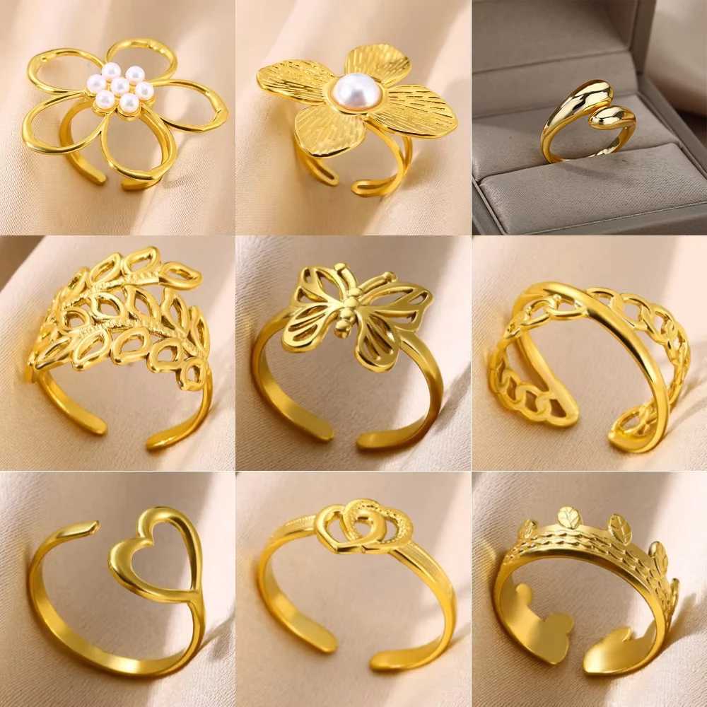 Stainless Steel Butterfly Open Ring For Women Gold Color Heart Geometric Hollow Ring Imitation Pearl Jewelry Wedding Dainty Gift W250609 W250609