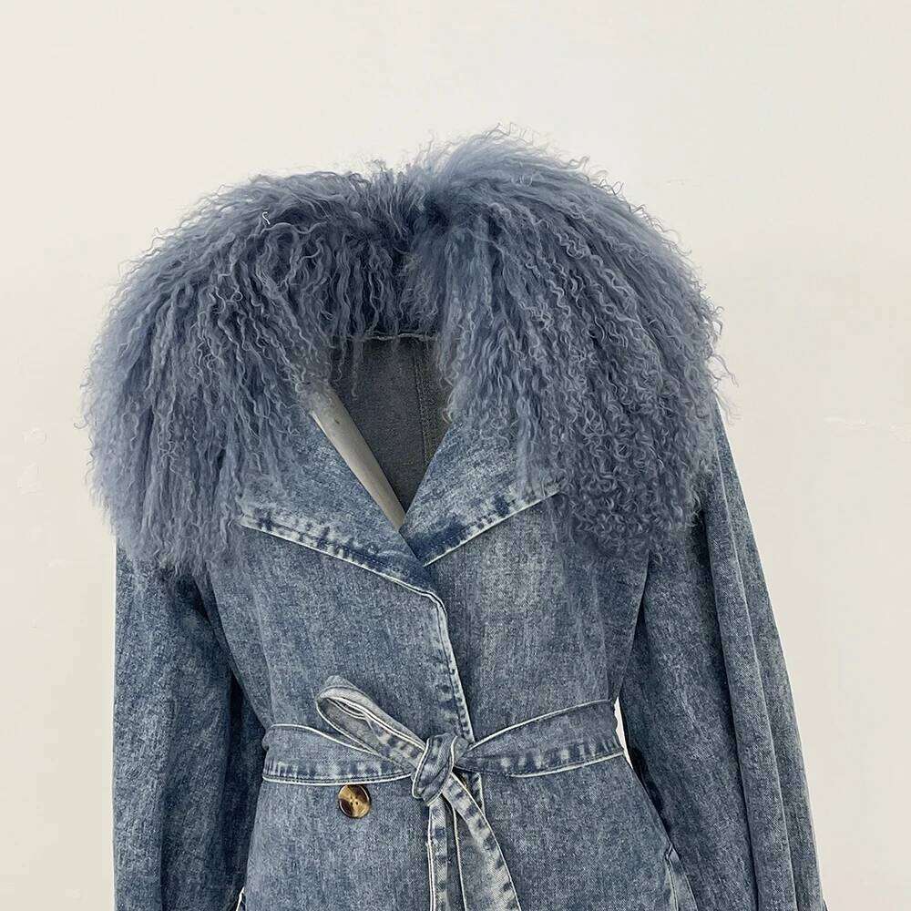 New DesignMENINA 2025 New Mongolian Denim Jacket Spring Autumn Long Trench Coat With Fur Detachable Beach Wool Collar