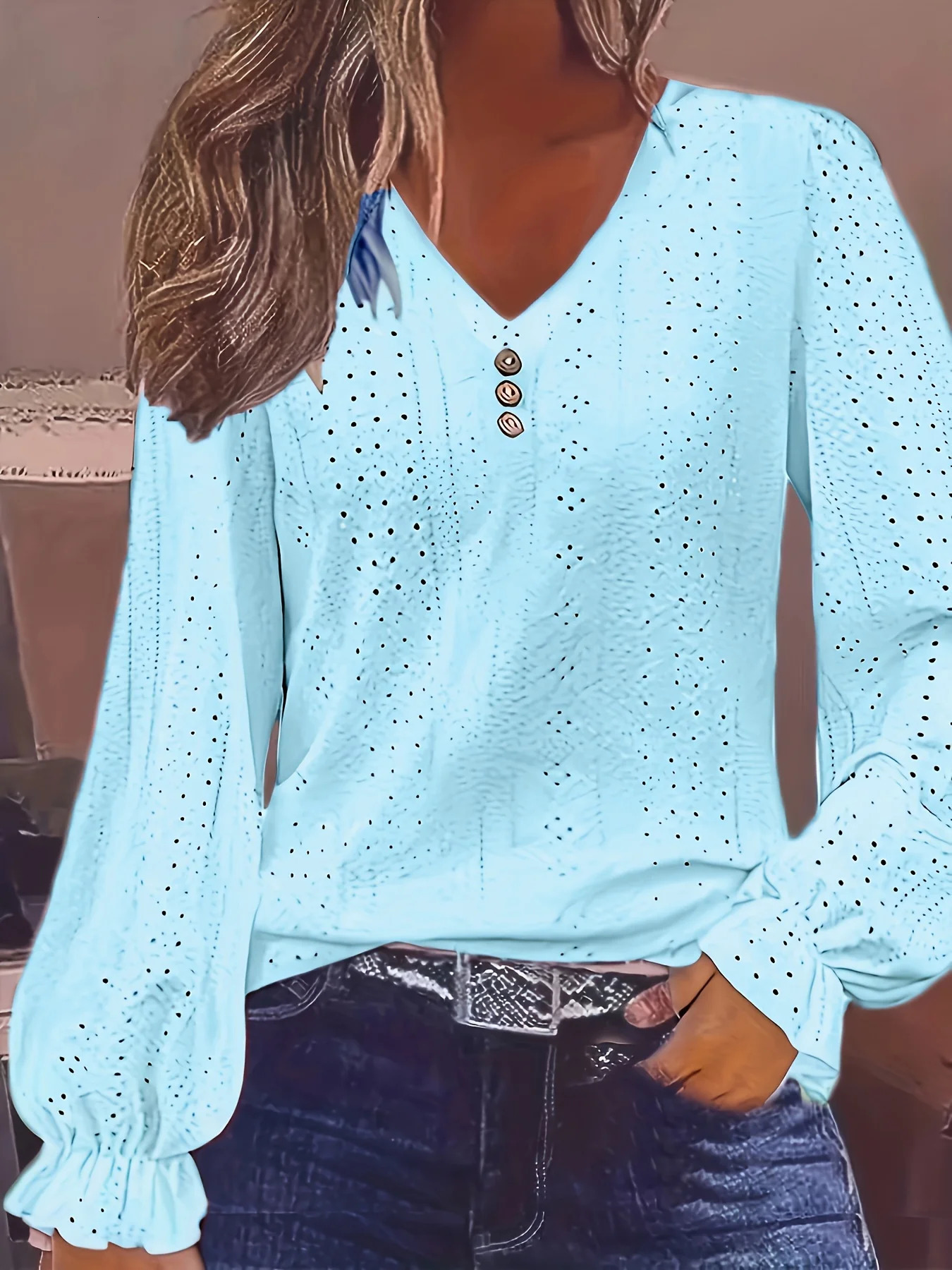 Plus Size Eyelet Button Decor TShirt Casual V Neck Long Sleeve Top For Spring Fall Womens Clothing 250603