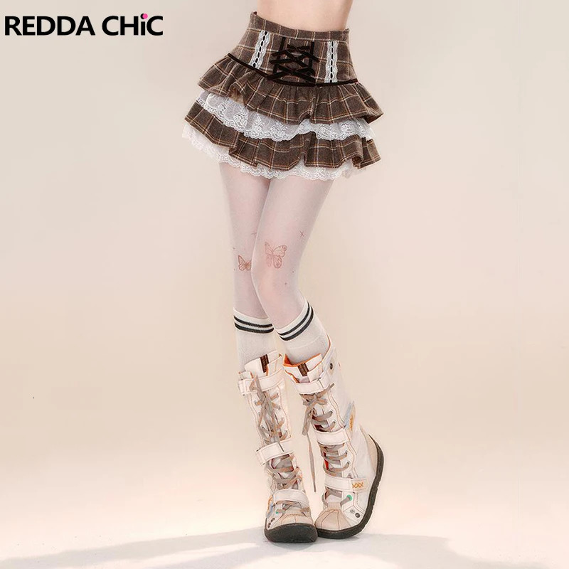 REDDACHiC Ribbon Plaid Cake Skirt for Women JK School Uniform Lace Trim Ruffle Brown High Waist Puffy Mini Skirt Vintage Clothes 250609