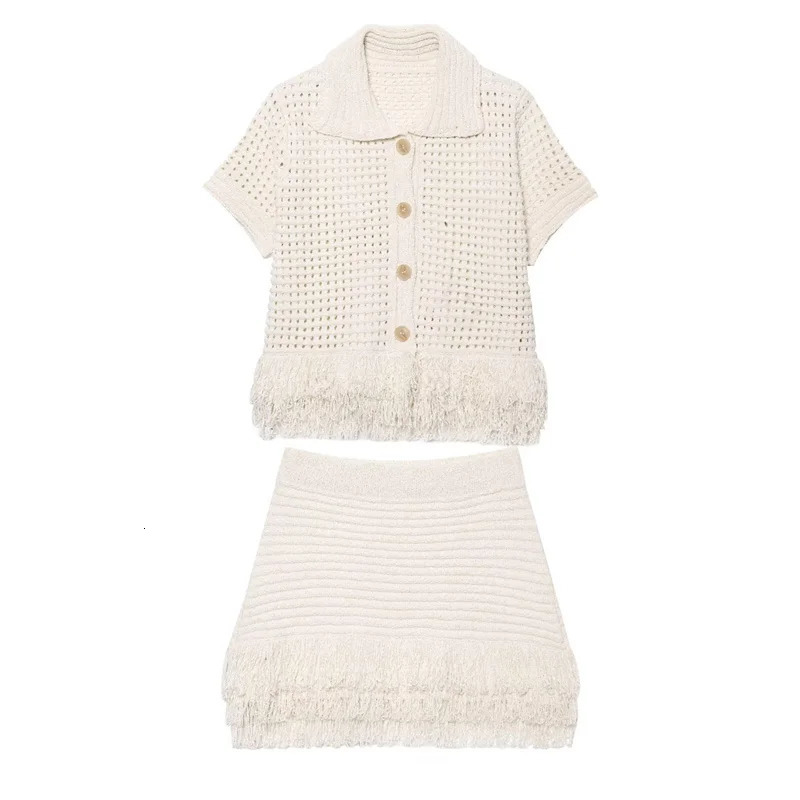 Womens Suit Summer White Knitted Short Sleeve Top Cardigan Mini Skirt Set Tassel Decoration Celebrity Style Sexy 250606