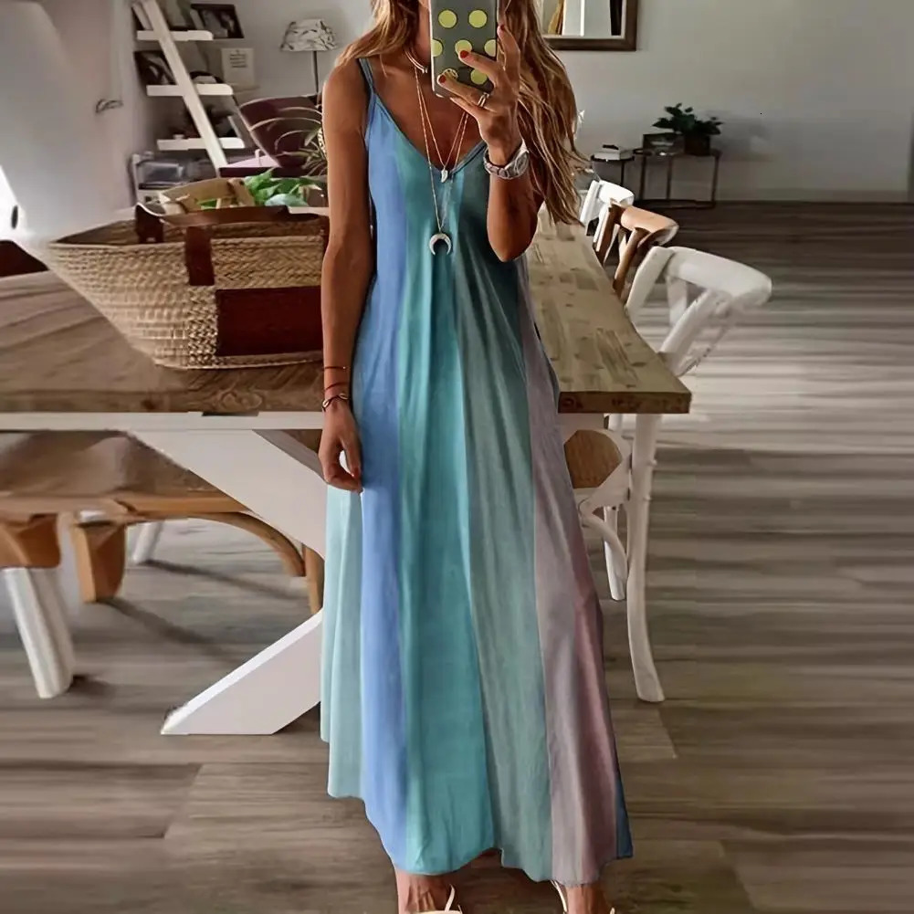 Women Dress Spaghetti Strap Gradient Long Dresses Ladies Summer Casual V Neck Flowy Maxi Dress Women Loose Beach Sundress 250606
