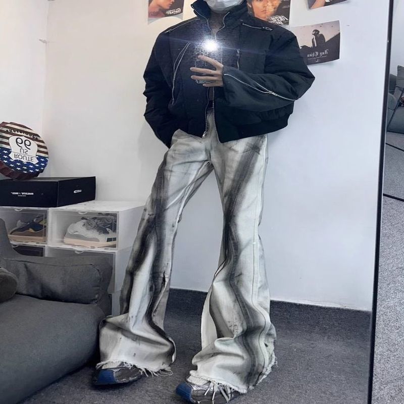 Y2K Heavy Retro Style Dirty Ink Contrast Color Gradient Microflare Jeans Mens Trendy Floormoving Casual Pants 250529
