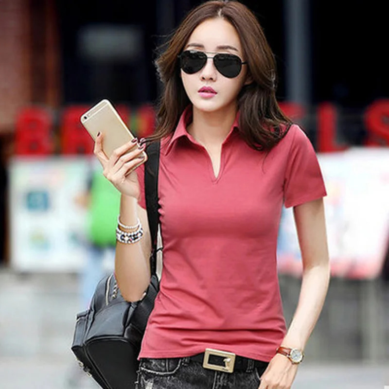 95% de coton T-shirt Polo Summer Femmes Femmes Slim Slim Slim Polos Mujer Tops Fashion Plus Size Polo Femme 250609
