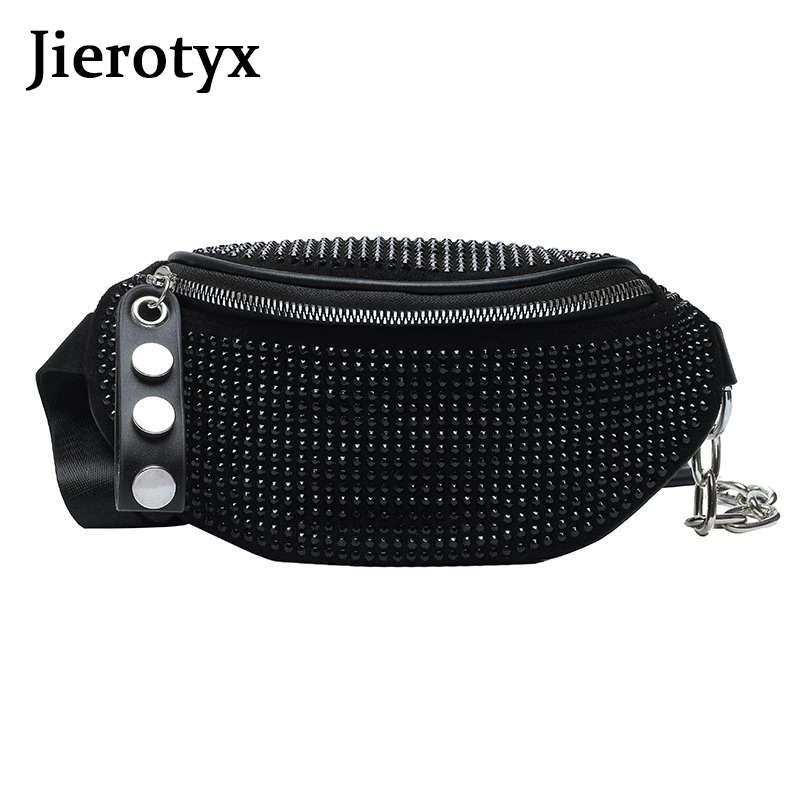 JIEROTYX Fashion Rhinestones Women Bag Waist Fanny Packs Chest Pack Travel Casual Female Chain Strap Punk Belt Bag 250605