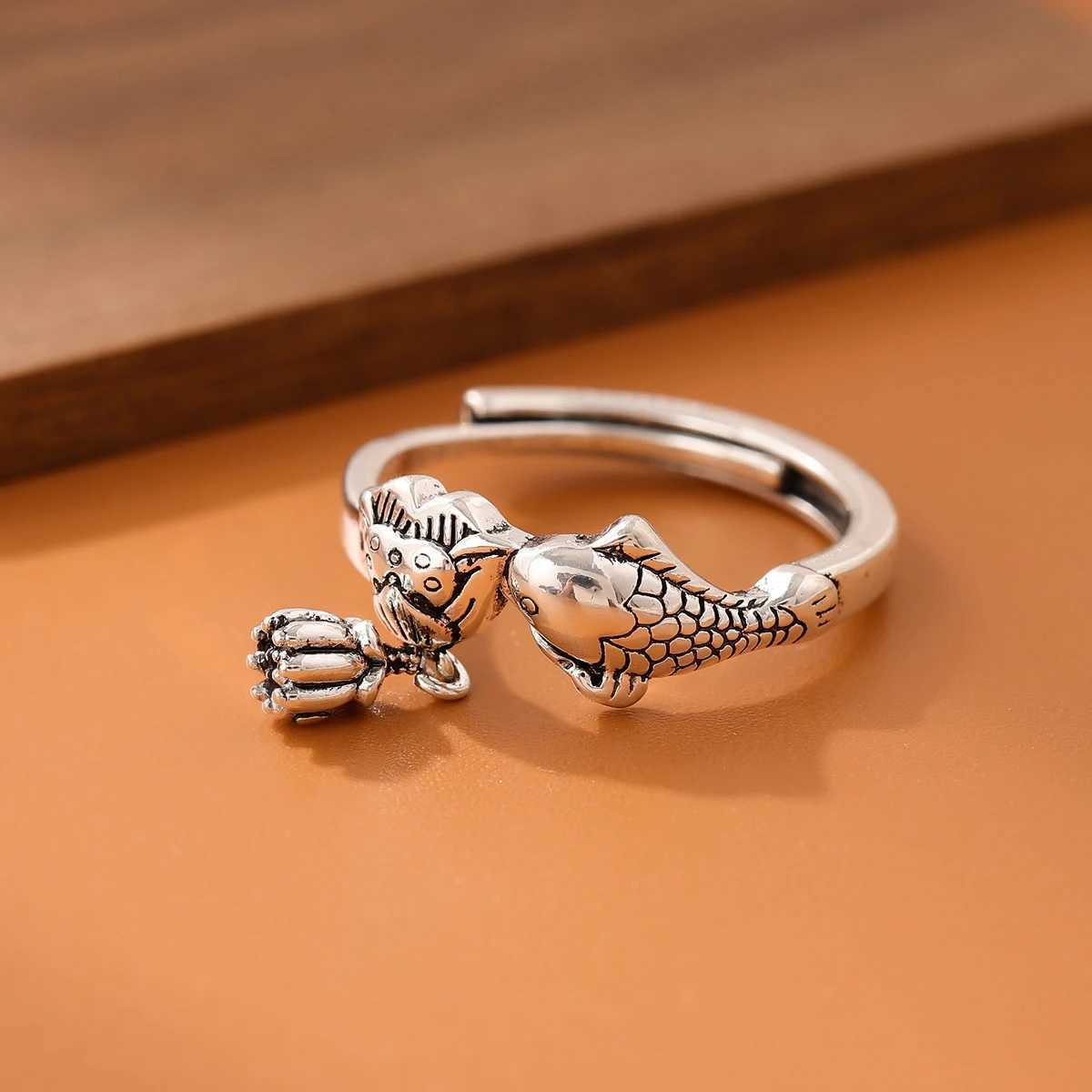 New Personty Creative Carp Lotus 925 Sterling Silver Jewelry Flower Fish Temperament Animal Opening Rings R339 W250609 W250609