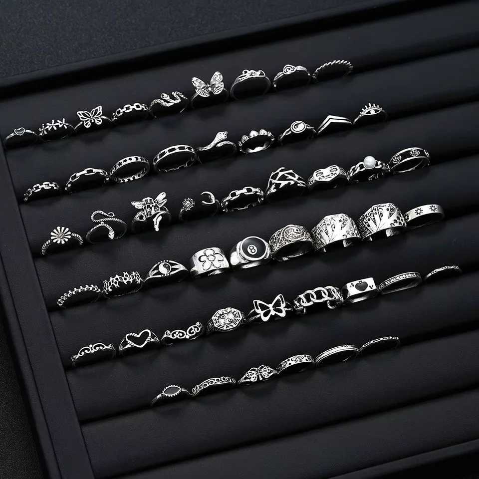 51 Pcs Punk Ring Set For Women Men Gothic Butterfly Heart Snake Angel Black 8 Design Match Ring Daily Wear Jewelry Gifts 2025 W250609 W250609