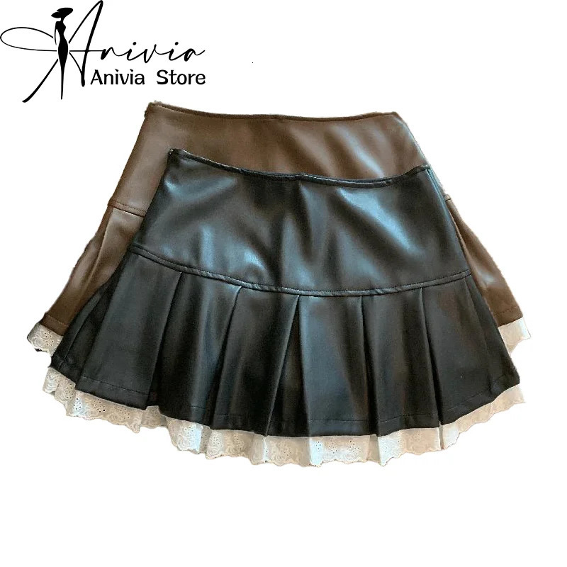 Womens Spliced Lace Edge A-line Mini Skirt Y2K Harajuku PU Leather Japanese 2000s Style Academy Retro Cute Short Skirt Clothing 250609