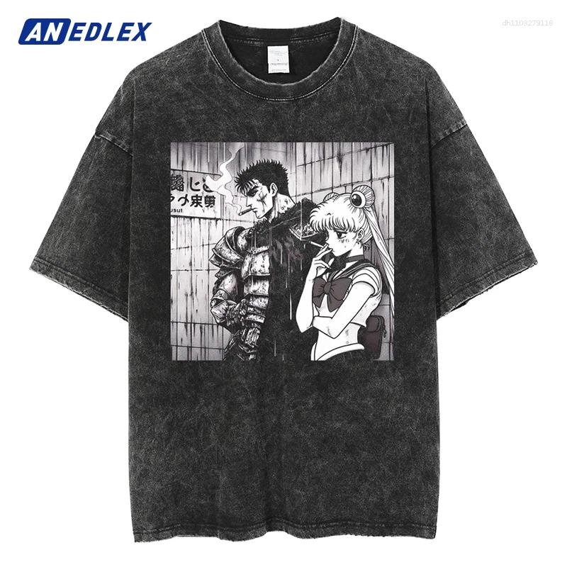Men's T Shirts Men Hip Hop Streetwear Oversized Vintage Shirt Anime Print Graphic Summer Cotton Washed Black Tshirt Harajuku Tees Top