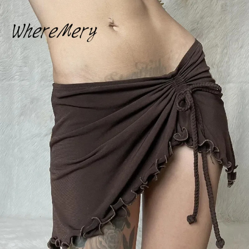 Whememery vintage de forme irrégulière mini jupe brun brun sexy draw-string jupes basse-temps mode streetwear chic robe courte 250609