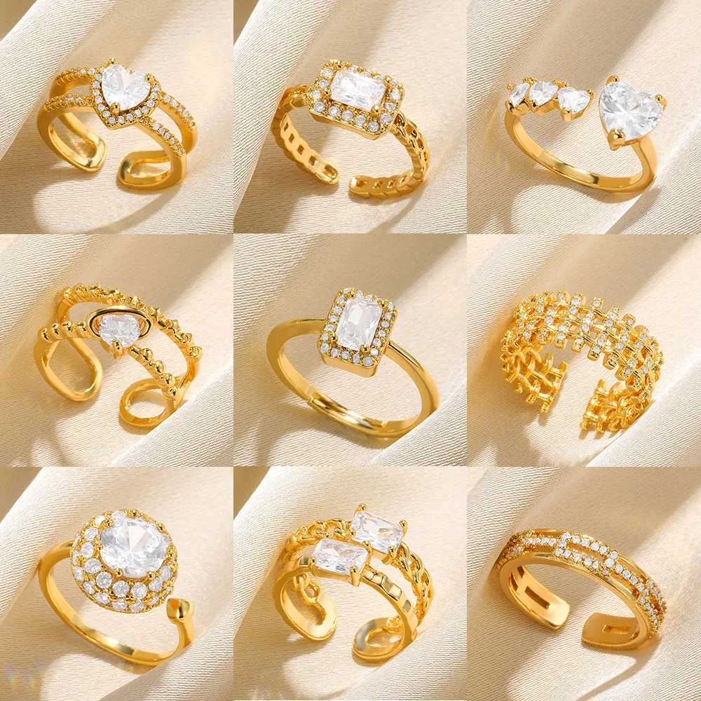 Zircon Wedding Rings For Women Gold Color Square Heart Adjustable Stainless Steel Ring Fashion Party Jewelry Gift Free Shipping W250609 W250609