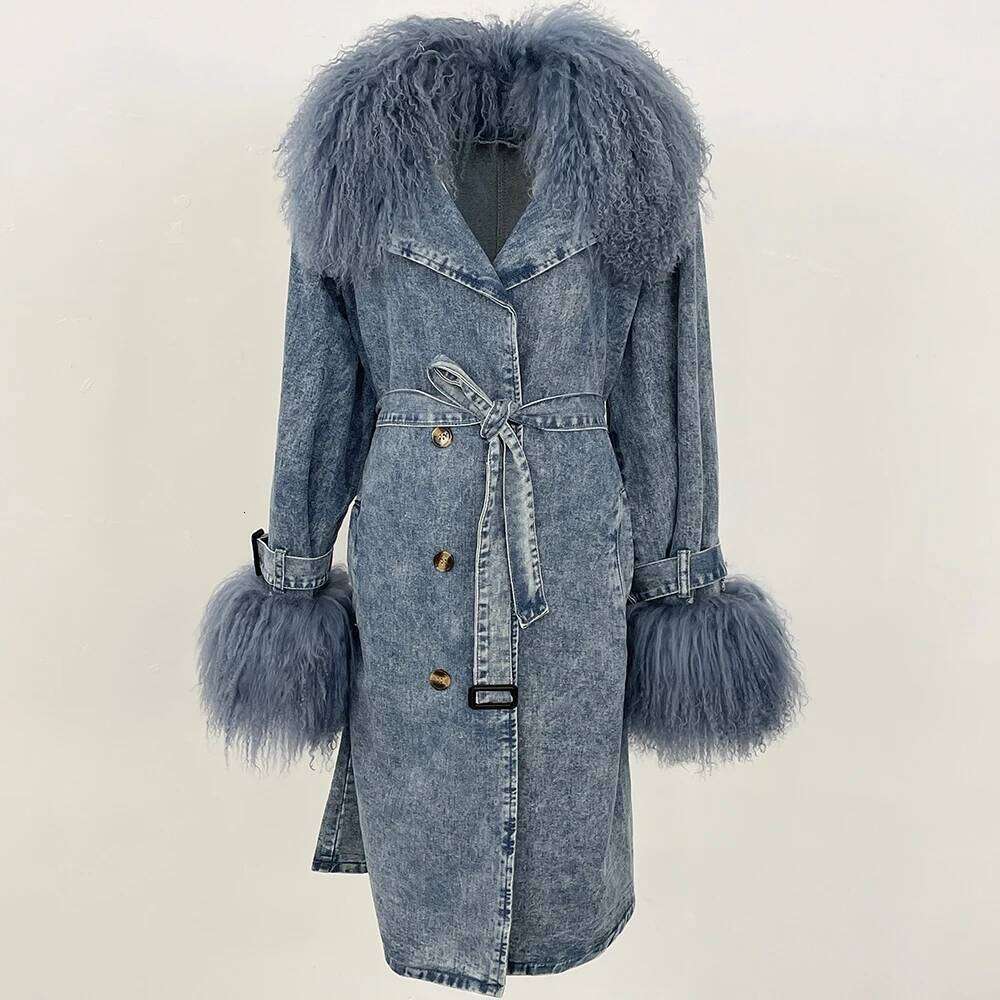 MENINA Women's Double-Faced Fur Denim Trench Coat, Detachable Fur Collar, Fur Cuffs, Cashmere Lining, Long Sleeves, Single-Breasted Closure, Styl