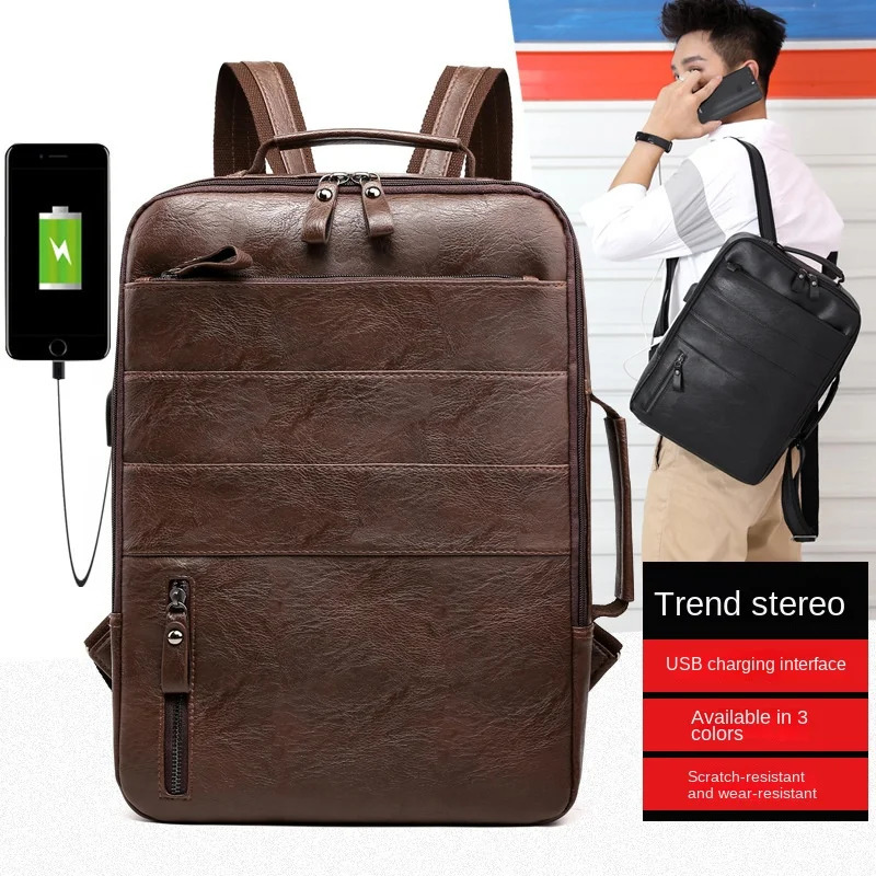 Business Backpacks For Men Waterproof PU Leather Laptop Bag Large Capacity USB Charging Rucksack Male Fashion Bagpack Backpack 250609