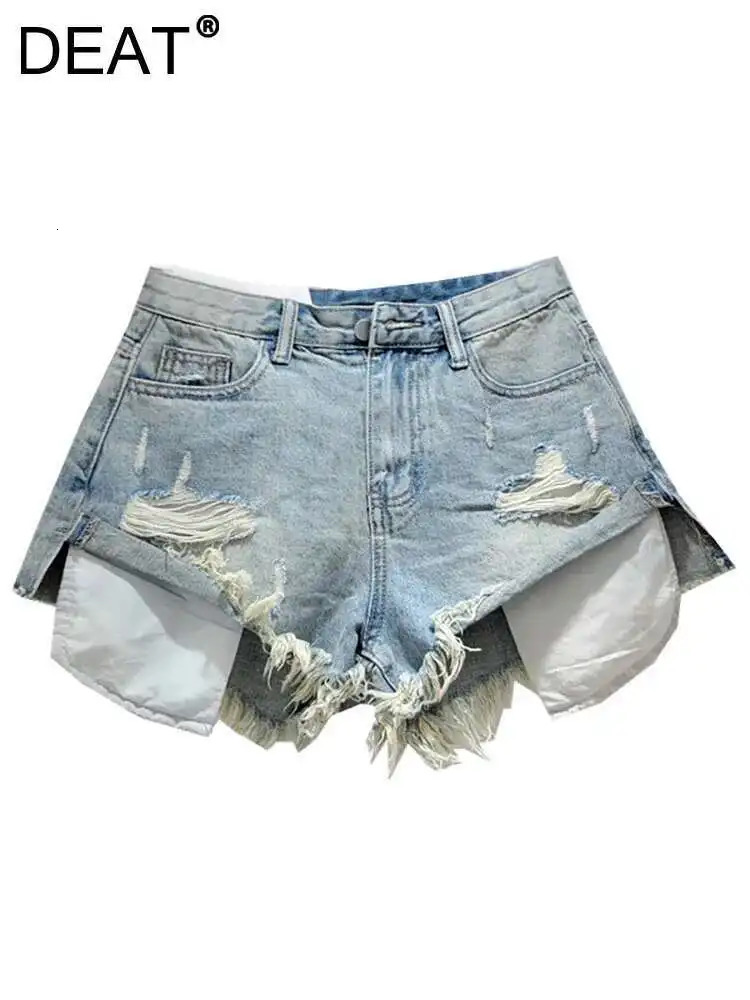 DEAT Womens Denim Shorts Low Waist Wide Leg Off Pockets Colorful Broken Holes Burrs Short Pants Summer Fashion 29L7207 250606