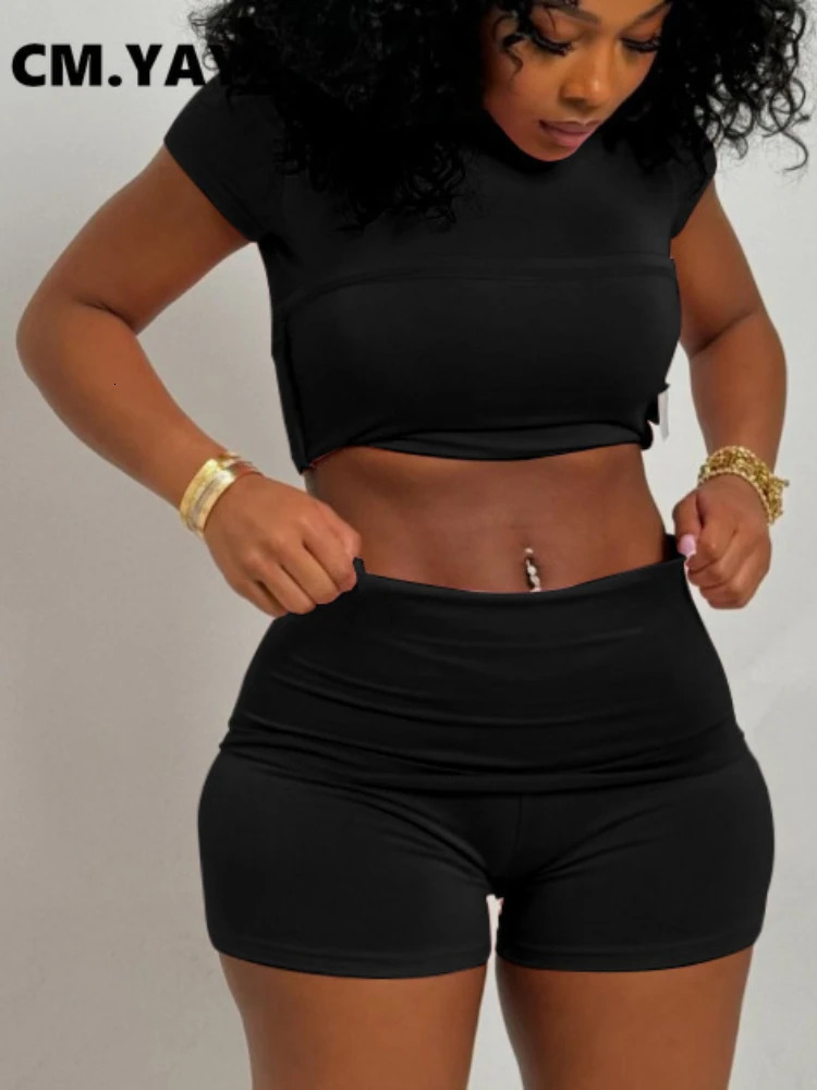 CM.YAYA Fashion Womens Set Short Sleeve T-shirt and Draped Shorts Active Street Summer Two 2 Piece Sets Outfits Tracksuits 250606