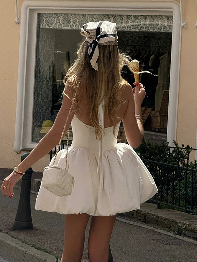 Elegant Backless Pleated Puff Hem Mini Dress Women Chic Solid High Waist Lace Up Gowns Lady Vacation Street Vestidos 250610