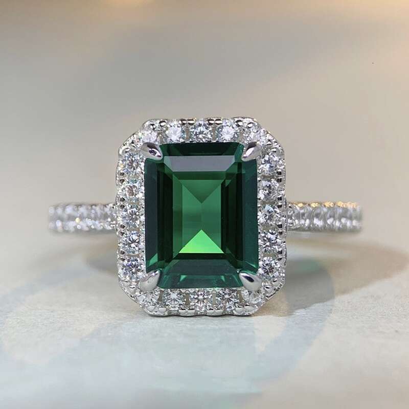 DHCollections S925 Sterling Silver Emerald Cut Green Zircon Ring 3CT Classic Engagement Wedding Jewellery for Women Sizes 5 to 9